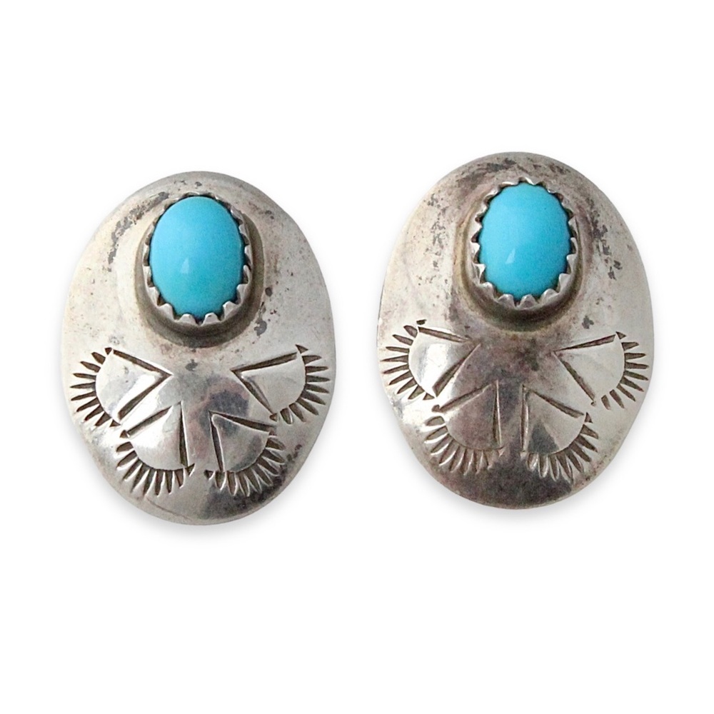 Vintage Native American Turquoise Sterling Silver Stud Earrings Oval Concho Sun